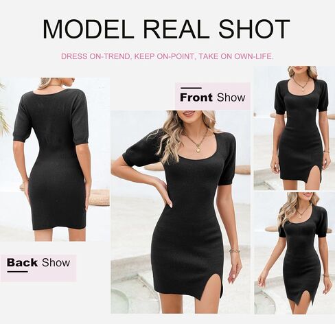 Dokotoo Womens Ribbed Sweater Dress Square Neck Puff Short Sleeve Side Slit Bodycon Summer Mini Dresses in Saudi Arabia