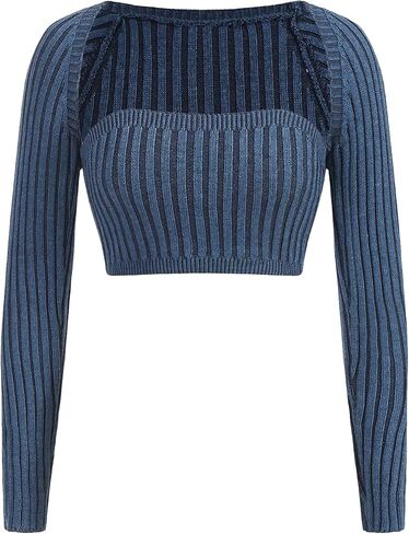 SHENHE Women's Square Neck Ribbed Knit Long Sleeve Sexy Fitted Super Cropped Sweater in Saudi Arabia