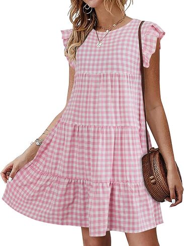 Imysty Womens Summer Mini Dress Casual Sleeveless Ruffle Sleeve Round Neck Flowy Pleated Babydoll T-Shirt Dress in Saudi Arabia