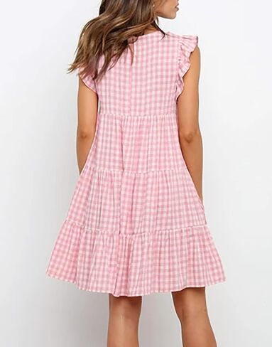 Imysty Womens Summer Mini Dress Casual Sleeveless Ruffle Sleeve Round Neck Flowy Pleated Babydoll T-Shirt Dress in Saudi Arabia