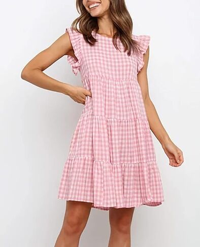 Imysty Womens Summer Mini Dress Casual Sleeveless Ruffle Sleeve Round Neck Flowy Pleated Babydoll T-Shirt Dress in Saudi Arabia