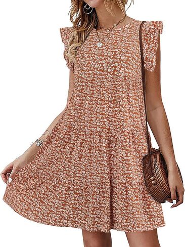 Imysty Womens Summer Mini Dress Casual Sleeveless Ruffle Sleeve Round Neck Flowy Pleated Babydoll T-Shirt Dress in Saudi Arabia