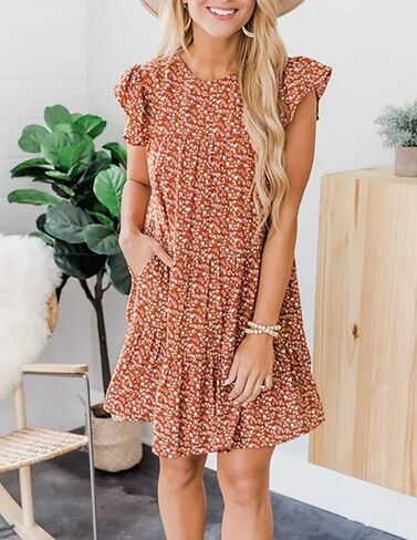 Imysty Womens Summer Mini Dress Casual Sleeveless Ruffle Sleeve Round Neck Flowy Pleated Babydoll T-Shirt Dress in Saudi Arabia