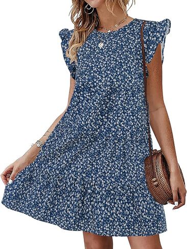 Imysty Womens Summer Mini Dress Casual Sleeveless Ruffle Sleeve Round Neck Flowy Pleated Babydoll T-Shirt Dress in Saudi Arabia