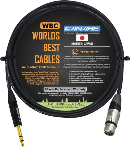 WORLDS BEST CABLES 5 Foot - Canare L-4E6S, Star Quad Balanced XLR to TRS Patch Cable with Eminence Gold E312 Female XLR & E502 TRS Stereo Plugs - Custom Made in Saudi Arabia
