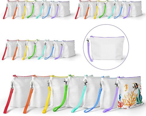 AGH 28pcs Sublimation Makeup Bags Blanks Colorful, Canvas Makeup Bags Bulk with Wristband Lanyards & Widened Bottom, Plain Blank Makeup Bag Personalize for Vinyl Projects DIY Craft Zipper Pencil Bags in Saudi Arabia