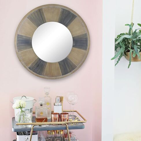 مرآة حائط خشبية مستديرة ثلاثية الألوان من Stonebriar مقاس 27.5 بوصة مع شماعة مرفقة، ديكور ريفي مزخرف لغرفة المعيشة وغرفة النوم والحمام والممر والمدخل in Kuwait