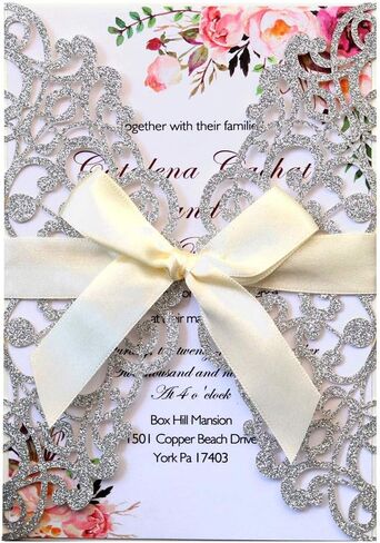 5x7 20PCS Silver Laser Cut Wedding Invitations Cards with Ribbons for Wedding Bridal Shower Engagement Birthday Graduation Invite (Silver Glitter) in Saudi Arabia