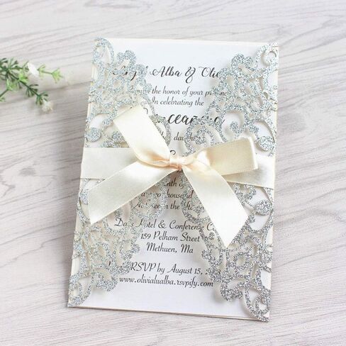 5x7 20PCS Silver Laser Cut Wedding Invitations Cards with Ribbons for Wedding Bridal Shower Engagement Birthday Graduation Invite (Silver Glitter) in Saudi Arabia