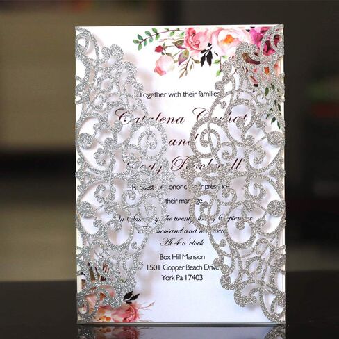 5x7 20PCS Silver Laser Cut Wedding Invitations Cards with Ribbons for Wedding Bridal Shower Engagement Birthday Graduation Invite (Silver Glitter) in Saudi Arabia