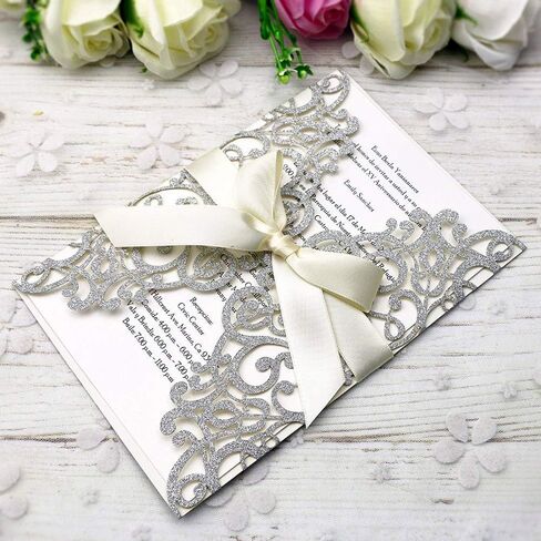 5x7 20PCS Silver Laser Cut Wedding Invitations Cards with Ribbons for Wedding Bridal Shower Engagement Birthday Graduation Invite (Silver Glitter) in Saudi Arabia