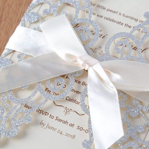 5x7 20PCS Silver Laser Cut Wedding Invitations Cards with Ribbons for Wedding Bridal Shower Engagement Birthday Graduation Invite (Silver Glitter) in Saudi Arabia