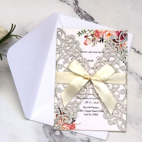 5x7 20PCS Silver Laser Cut Wedding Invitations Cards with Ribbons for Wedding Bridal Shower Engagement Birthday Graduation Invite (Silver Glitter) in Saudi Arabia