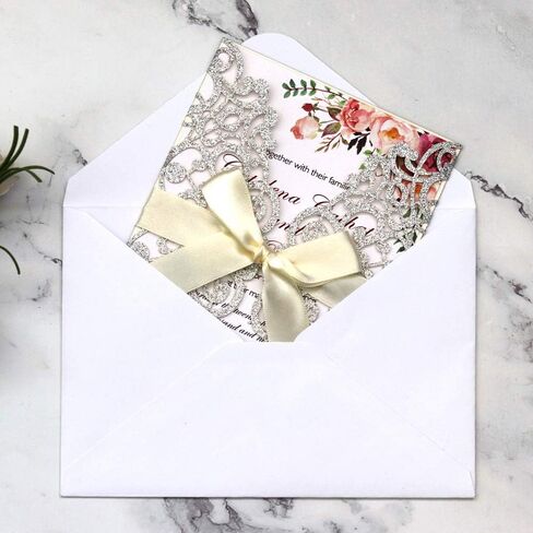5x7 20PCS Silver Laser Cut Wedding Invitations Cards with Ribbons for Wedding Bridal Shower Engagement Birthday Graduation Invite (Silver Glitter) in Saudi Arabia