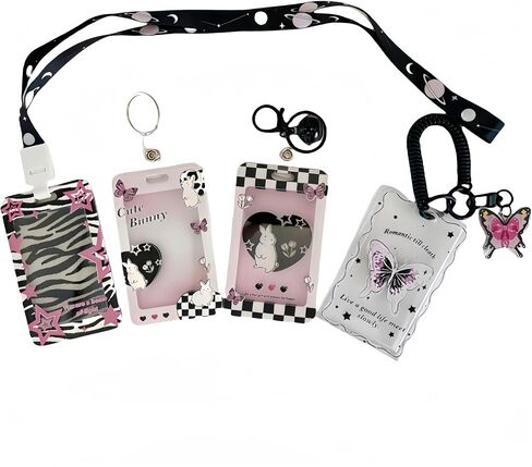 4 Pcs Acrylic Kpop Photocard Holder Butterfly Bunny Cute ID Badge Holder with Pendant Keychain Spiral Wrist Coil Photo Display Protector Case for School Office Bus Pass Student Credit ID Card in Saudi Arabia
