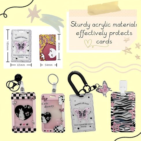 4 Pcs Acrylic Kpop Photocard Holder Butterfly Bunny Cute ID Badge Holder with Pendant Keychain Spiral Wrist Coil Photo Display Protector Case for School Office Bus Pass Student Credit ID Card in Saudi Arabia