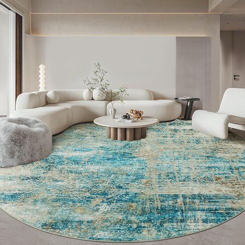 HOMBYS 7ft Modern Round Area Rug for Living Room Bedroom, Large Circle Floor Carpet for Indoor Office Dining Room, Abstract Home Deco Non-Shedding, Machine Washable, Beige Blue in Saudi Arabia
