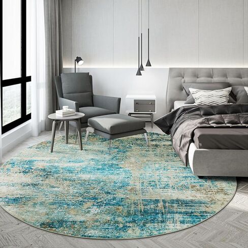 HOMBYS 7ft Modern Round Area Rug for Living Room Bedroom, Large Circle Floor Carpet for Indoor Office Dining Room, Abstract Home Deco Non-Shedding, Machine Washable, Beige Blue in Saudi Arabia