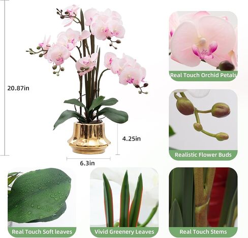 Artificial Orchid Flower Plant 20.9'' Real Touch Faux Orchids in Ceramic Vase Pink Fake Phalaenopsis Flower Arrangement Silk Orchids with Stems for Centerpiece Table Home Indoor Decor in Saudi Arabia