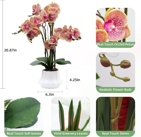 Artificial Orchid Flower Plant 20.9'' Real Touch Faux Orchids in Ceramic Vase Pink Fake Phalaenopsis Flower Arrangement Silk Orchids with Stems for Centerpiece Table Home Indoor Decor in Saudi Arabia