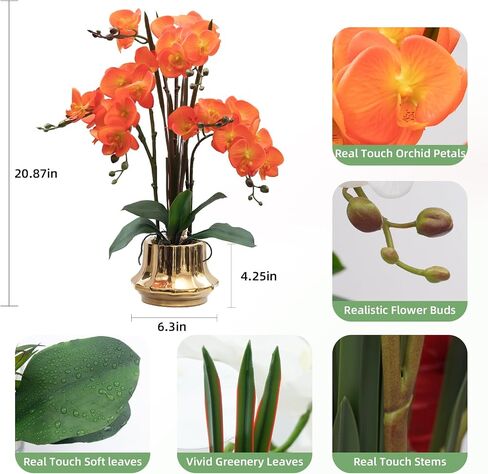 Artificial Orchid Flower Plant 20.9'' Real Touch Faux Orchids in Ceramic Vase Pink Fake Phalaenopsis Flower Arrangement Silk Orchids with Stems for Centerpiece Table Home Indoor Decor in Saudi Arabia