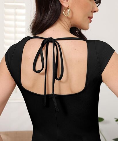 Women's Sexy Square Neck Bodice Dresses Backless Tie Side Slit Cap Sleeve Party Club Dresses in Saudi Arabia