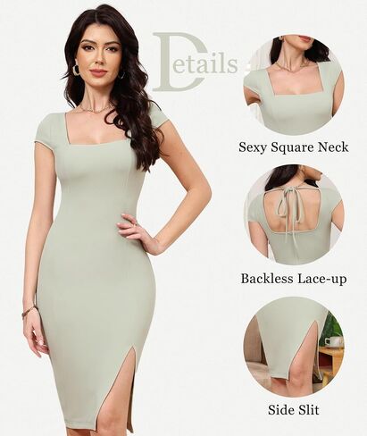 Women's Sexy Square Neck Bodice Dresses Backless Tie Side Slit Cap Sleeve Party Club Dresses in Saudi Arabia