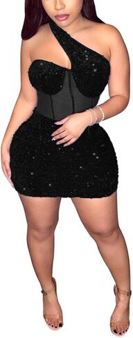 Women Sexy Glitter Sequin Mesh Patchwork Mini Dress Sleevelesss One Oblique Shoulder Bodycon Night Clubwear Party Dresses in Saudi Arabia