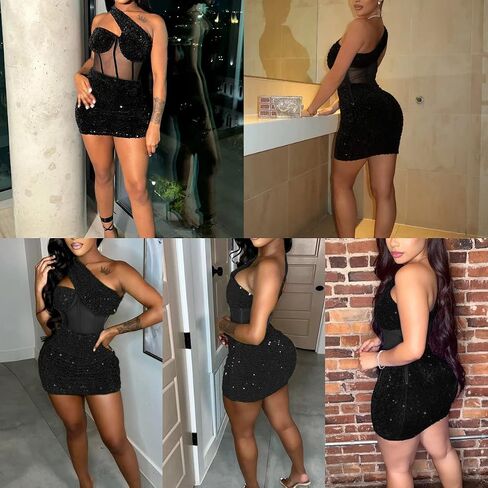 Women Sexy Glitter Sequin Mesh Patchwork Mini Dress Sleevelesss One Oblique Shoulder Bodycon Night Clubwear Party Dresses in Saudi Arabia