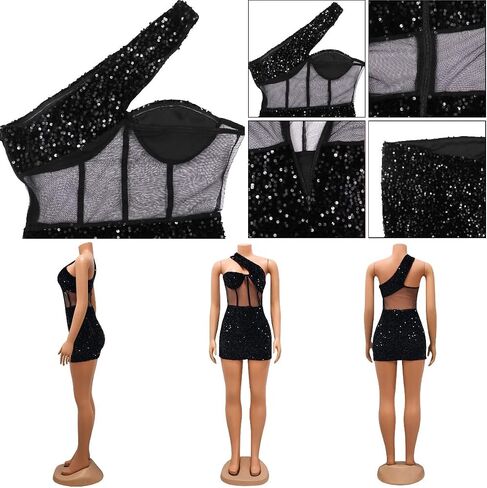 Women Sexy Glitter Sequin Mesh Patchwork Mini Dress Sleevelesss One Oblique Shoulder Bodycon Night Clubwear Party Dresses in Saudi Arabia