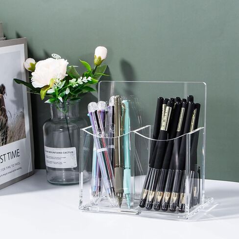 حامل جهاز التحكم عن بعد من الأكريليك الشفاف، حامل أقلام مكتبي مكون من حجرتين حامل أقلام للبطاقة، مجموعة الملحقات الرسمية، 5.9 × 3.5 × 6.3 بوصة in Kuwait
