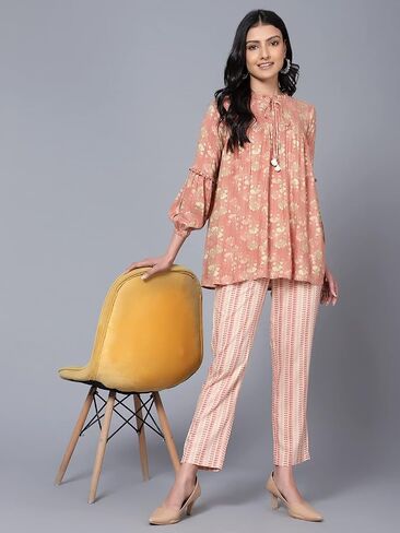 2 Piece Summer Outfits, Co-ord Set with Pant & Tunic Top with Tessel, Full Sleeves Indian Co-ord Set in Saudi Arabia