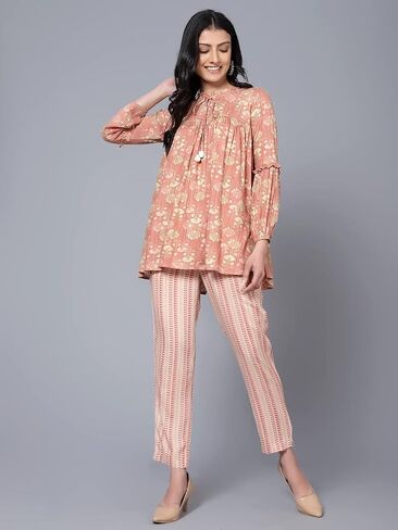 2 Piece Summer Outfits, Co-ord Set with Pant & Tunic Top with Tessel, Full Sleeves Indian Co-ord Set in Saudi Arabia