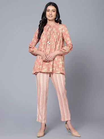 2 Piece Summer Outfits, Co-ord Set with Pant & Tunic Top with Tessel, Full Sleeves Indian Co-ord Set in Saudi Arabia