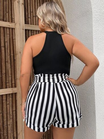 SHENHE Women's Plus Size 2 Piece Outfits Halter Slim Top and Striped Belted Shorts Set in Saudi Arabia