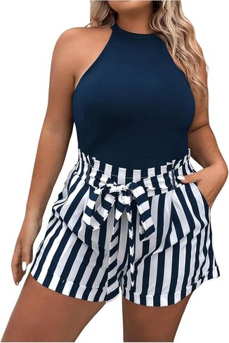 SHENHE Women's Plus Size 2 Piece Outfits Halter Slim Top and Striped Belted Shorts Set in Saudi Arabia
