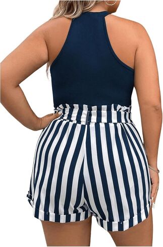 SHENHE Women's Plus Size 2 Piece Outfits Halter Slim Top and Striped Belted Shorts Set in Saudi Arabia