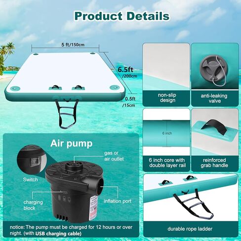 Inflatable Floating Dock with Electric Air Pump, Dock Floats with Ladder, None-Slip Floating Island for Adults kids, Inflatable Dock Platform for Lake, Pool, Beach, River, Ocean Water Floating Mat in Saudi Arabia
