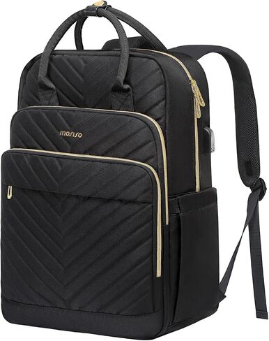 MOSISO Laptop Backpack for Women Men, 15.6-16 inch Anti-Theft Fashion Casual Daypack Computer Bag with USB Charging Port & Luggage Strap, Quilted Polyester Work Travel Business Backpack, Black in Saudi Arabia
