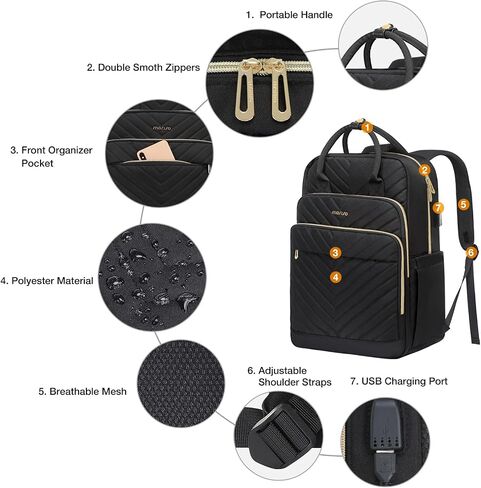MOSISO Laptop Backpack for Women Men, 15.6-16 inch Anti-Theft Fashion Casual Daypack Computer Bag with USB Charging Port & Luggage Strap, Quilted Polyester Work Travel Business Backpack, Black in Saudi Arabia