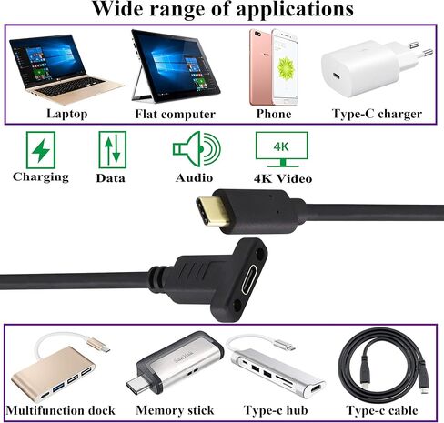 كابل محول تثبيت لوحة USB من النوع C 3.1 USB-C 3.1 Gen2 10 جيجابت في الثانية ذكر إلى كابل برغي تثبيت على لوحة USB C أنثى، يدعم الشحن والبيانات والصوت وكابل الفيديو لأجهزة الكمبيوتر المحمول والكمبيوتر اللوحي والهاتف المحمول (0.3 متر/1 قدم) in Kuwait
