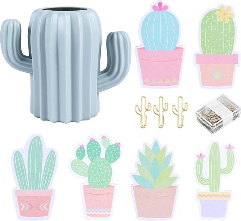 Cactus Pen Holder - 6sets Cactus Note Paper & 15pcs Paper Clip, Multifunction Storage Box for Pens, Pencils, Makeup Brushes in Saudi Arabia