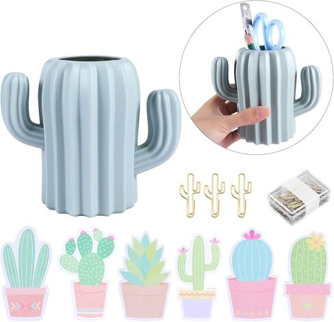 Cactus Pen Holder - 6sets Cactus Note Paper & 15pcs Paper Clip, Multifunction Storage Box for Pens, Pencils, Makeup Brushes in Saudi Arabia