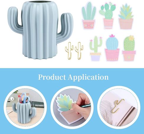 Cactus Pen Holder - 6sets Cactus Note Paper & 15pcs Paper Clip, Multifunction Storage Box for Pens, Pencils, Makeup Brushes in Saudi Arabia