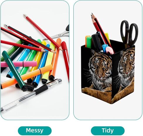 Rectangular Pencil Holder for Desk Animal Tiger Large Capacity Pen Cup PU Leather Makeup Brush Holder Office Desk Organizer in Saudi Arabia
