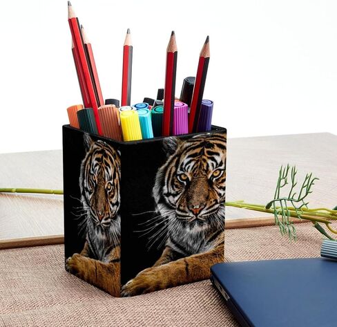 Rectangular Pencil Holder for Desk Animal Tiger Large Capacity Pen Cup PU Leather Makeup Brush Holder Office Desk Organizer in Saudi Arabia