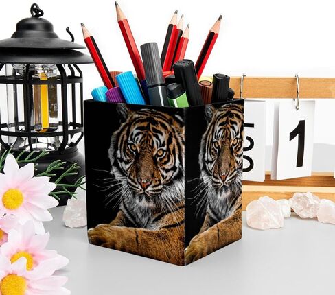 Rectangular Pencil Holder for Desk Animal Tiger Large Capacity Pen Cup PU Leather Makeup Brush Holder Office Desk Organizer in Saudi Arabia