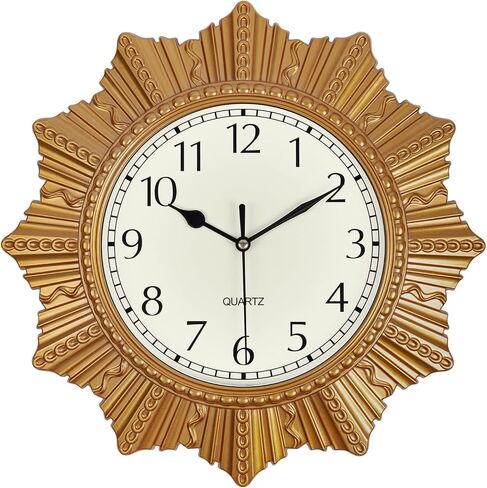 12 Inch Gold Sunburst Wall Clock, Silent Non-Ticking Kitchen Clocks Wall Battery Operated, Small Boho Decorative Wall Clock for Living Room, Bedroom, Bathroom, Office in Saudi Arabia