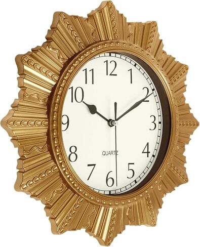 12 Inch Gold Sunburst Wall Clock, Silent Non-Ticking Kitchen Clocks Wall Battery Operated, Small Boho Decorative Wall Clock for Living Room, Bedroom, Bathroom, Office in Saudi Arabia