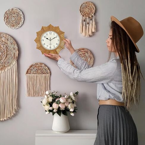 12 Inch Gold Sunburst Wall Clock, Silent Non-Ticking Kitchen Clocks Wall Battery Operated, Small Boho Decorative Wall Clock for Living Room, Bedroom, Bathroom, Office in Saudi Arabia